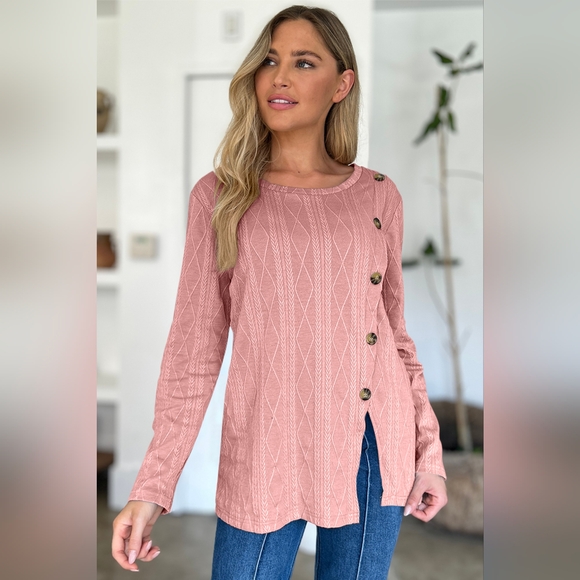 Slit Round Neck Long Sleeve Button T-Shirt - Picture 1 of 5